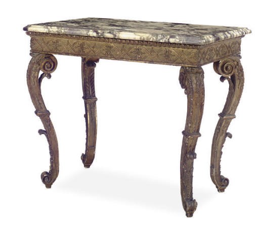 A FRENCH GILTWOOD AND MARBLE TOP CENTER TABLE,