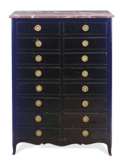 AN EBONIZED AND MARBLE TOP SIXTEEN-DRAWER TALL CHEST,