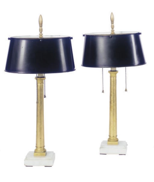 A PAIR OF GILT-METAL AND MARBLE COLUMN-FORM TABLE LAMPS,