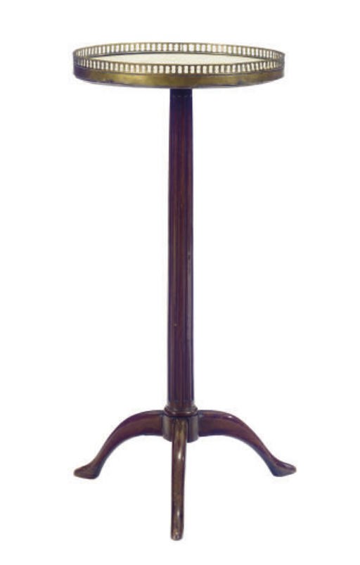 A FRENCH BRASS-MOUNTED MAHOGANY AND MARBLE TOP SMALL GUERIDON,