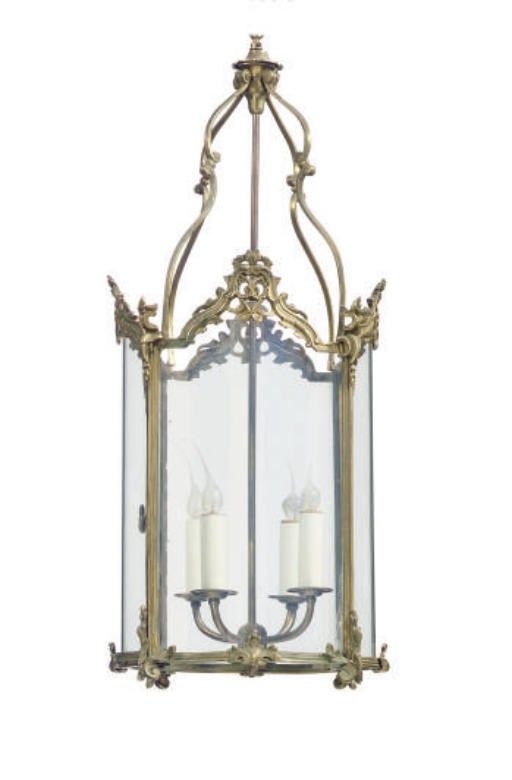 A GILT-METAL AND GLASS FOUR-LIGHT HANGING LANTERN,