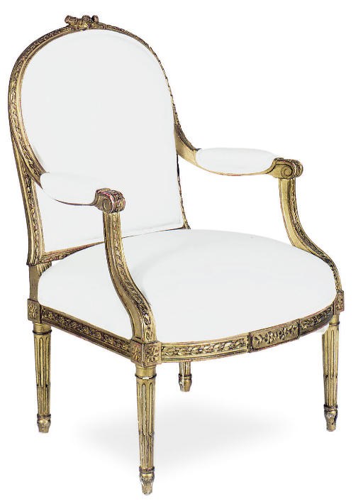 A GILTWOOD AND UPHOLSTERED FAUTEUIL,