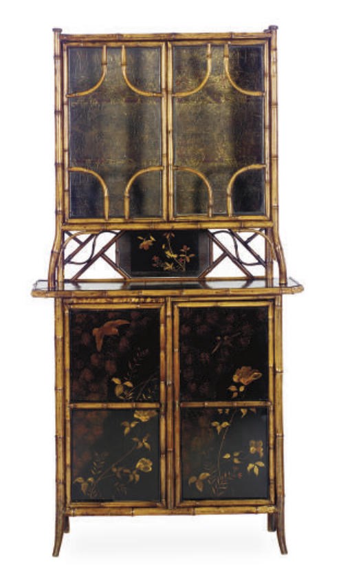 A CHINESE LACQUER AND BAMBOO ETAGERE-ON-CABINET,