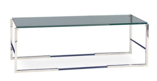 A CHROMED-METAL AND GLASS COFFEE TABLE,