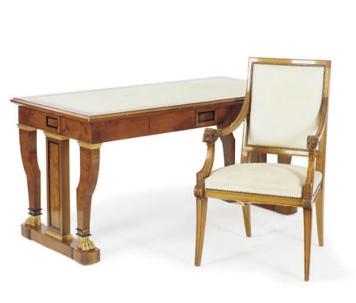 A BURR WALNUT AND PARCEL-GILT DESK WITH ARMCHAIR,
