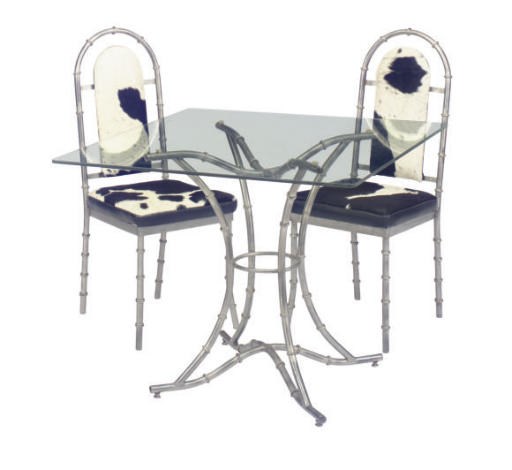 A STEEL AND SQUARE GLASS TOP DINING TABLE TOGETHER WITH FOUR CHAIRS,