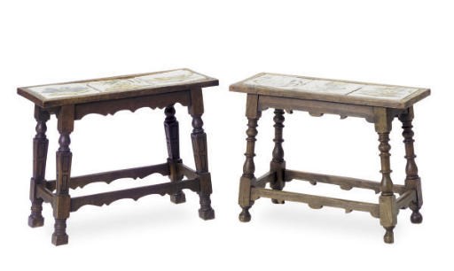 A PAIR OF TILE INSET OAK LOW SIDE TABLES,