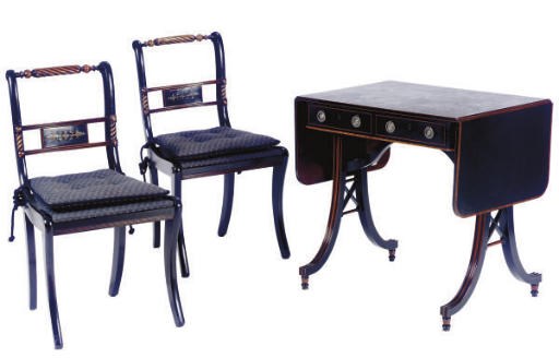 A SMALL EBONIZED SOFA TABLE TOGETHER WITH TWO EBONIZED AND PARCEL-GILT SIDE CHAIRS,