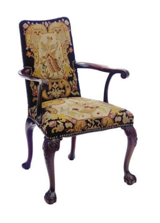 A MAHOGANY AND NEEDLEWORK UPHOLSTERED OPEN ARMCHAIR,