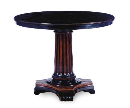 AN EBONIZED CIRCULAR OCCASIONAL TABLE WITH PEDESTAL-FORM BASE,
