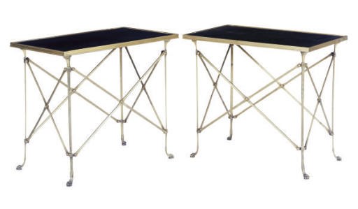 A PAIR OF GILT-METAL BLACK GRANITE TOP SIDE TABLES,