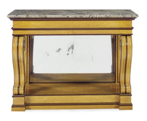 A SATIN BIRCH AND STAINED WOOD MARBLE TOP PIER TABLE,