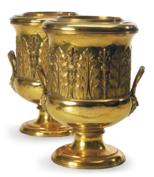 A PAIR OF REGENCY GILT-BRONZE TWO-HANDLED WINE COOLERS AND COVERS,