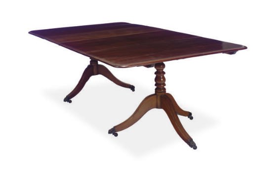 AN ENGLISH MAHOGANY DOUBLE-PEDESTAL DINING TABLE,