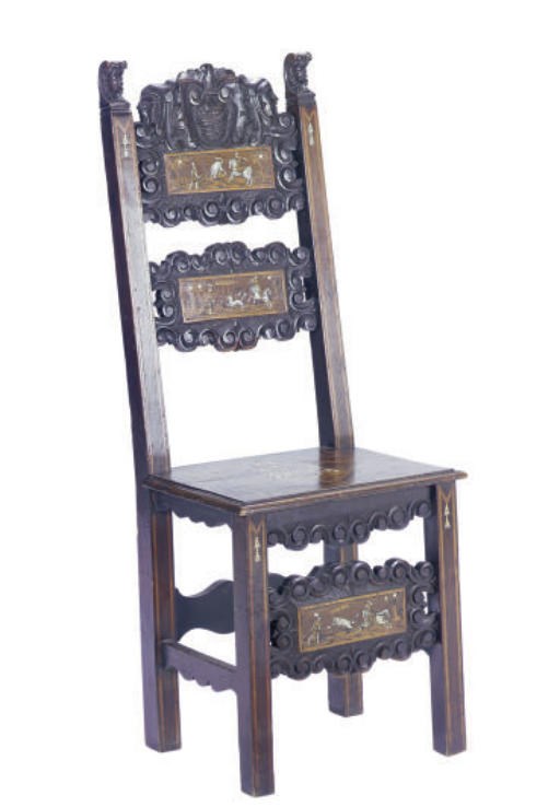 A CONTINENTAL WALNUT, STAINED WOOD AND IVORY SIDE CHAIR**,