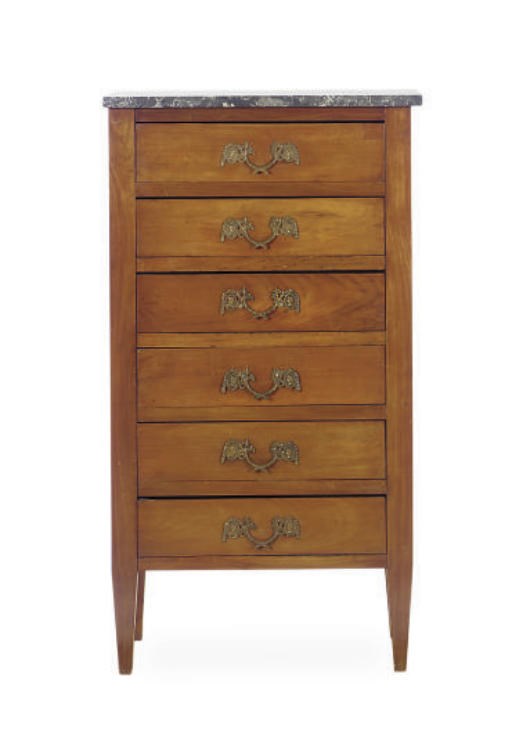 A CONTINENTAL FRUITWOOD MARBLE TOP TALL CHEST-OF-DRAWERS,