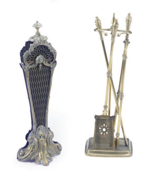A SET OF POLISHED BRASS FIRETOOLS AND A FAN FIRE GUARD,