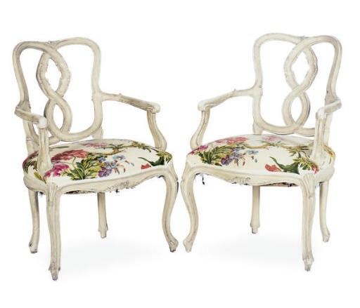 A PAIR OF GREY-PAINTED OPEN ARMCHAIRS,