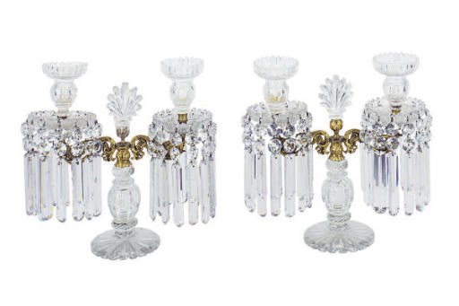 A PAIR OF VICTORIAN GILT-METAL MOUNTED CUT-GLASS TWO LIGHT CANDELABRA,