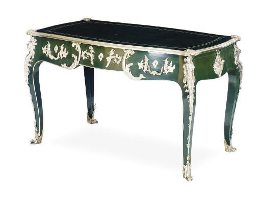 A SILVERED-METAL MOUNTED GREEN LACQUERED BUREAU PLAT,