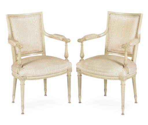 A SET OF TWELVE GREY-PAINTED AND UPHOLSTERED FAUTEUILS,