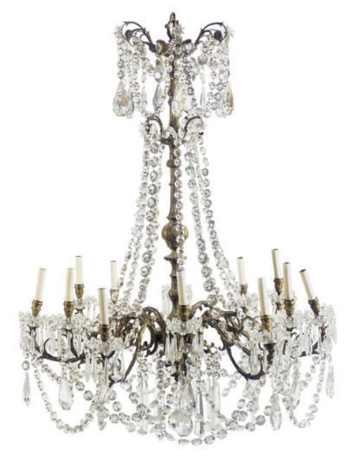 A GILT-METAL AND CUT-GLASS TWELVE-LIGHT CHANDELIER,