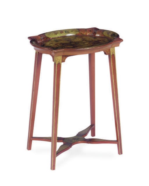 A SCARLET AND POLYCHROME PAINTED TRAY-TOP FORM SIDE TABLE,