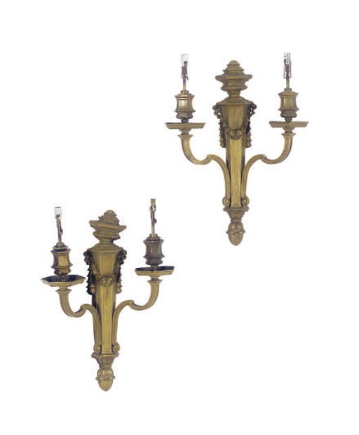A SET OF FIVE GILT-METAL TWO-BRANCH WALL-LIGHTS,