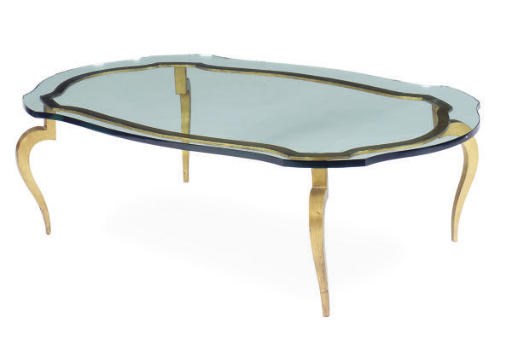 A GILT-METAL AND GLASS COFFEE TABLE,