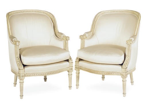 A PAIR OF FRENCH CREAM PAINTED BERGERES,