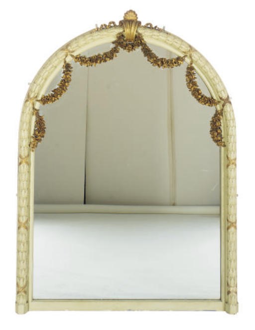 A GREEN-PAINTED AND PARCEL-GILT OVERMANTLE MIRROR,