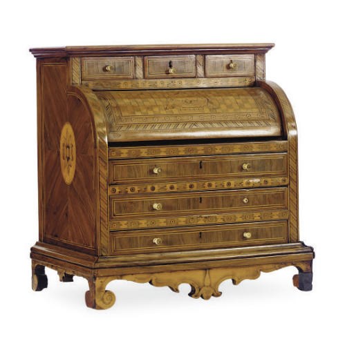A CONTINENTAL WALNUT AND MARQUETRY MINIATURE CYLINDER DESK**,