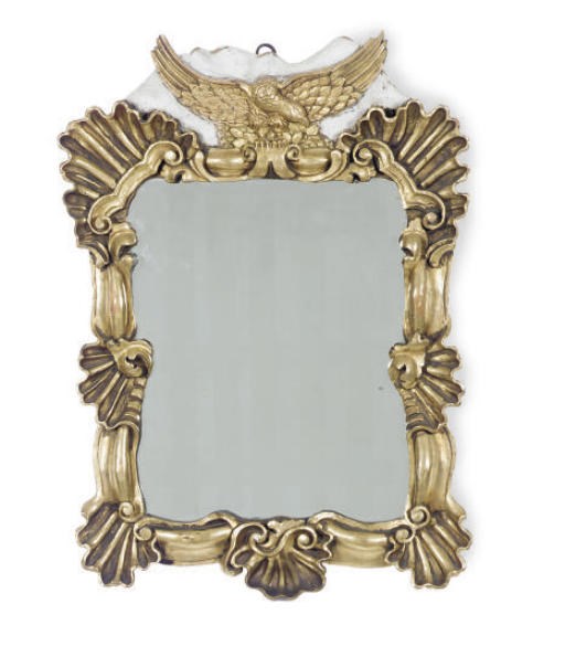A WHITE PAINTED AND PARCEL-GILT MIRROR,