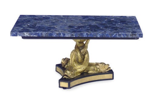 A GILT-METAL, PART-EBONIZED AND SODALITE TABLE,