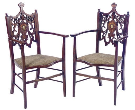 A PAIR OF EDWARDIAN INLAID MAHOGANY ARMCHAIRS,