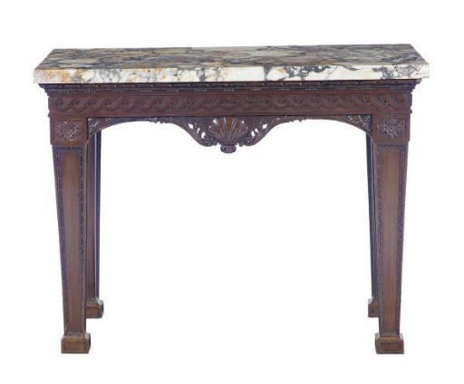 AN ENGLISH MAHOGANY AND MARBLE TOP SIDE TABLE,