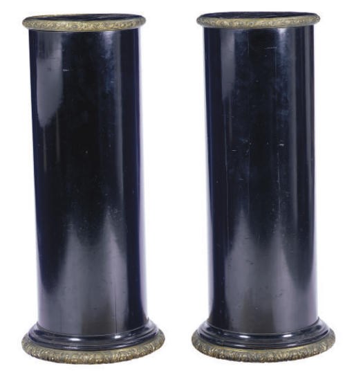 A PAIR OF VICTORIAN GILT-METAL MOUNTED EBONIZED COLUMNS,