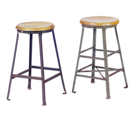 FOUR WOOD AND STEEL STOOLS,