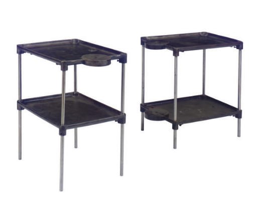 TWO INDUSTRIAL STEEL AND CHROMED-METAL TWO-TIER SIDE TABLES,