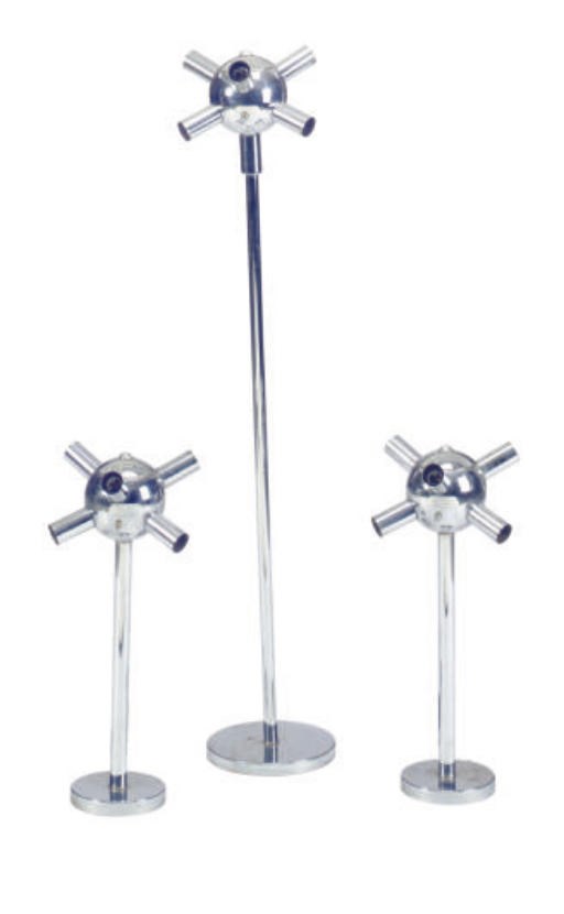 A PAIR OF CHROME TABLE LAMPS AND A FLOOR LAMP EXAMPLE,