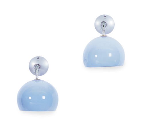 A PAIR OF BLUE GLASS AND INDUSTRIAL METAL WALL-LIGHTS,