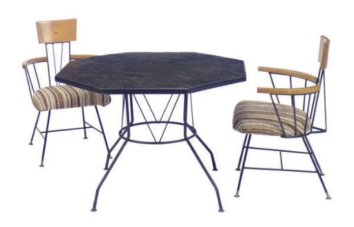 A METAL OCTAGONAL-FORM TABLE TOGETHER WITH FOUR METAL AND LAMINATED OAK ARMCHAIRS,