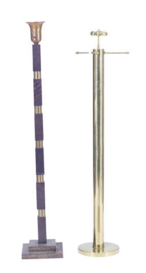 A STAINED WOOD AND GILT-METAL FLOOR LAMP,