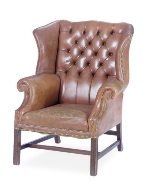 A MAHOGANY AND LEATHER UPHOLSTERED WINGBACK ARMCHAIR,