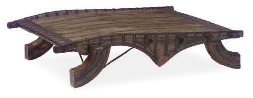 A METAL-MOUNTED HARDWOOD LOW TABLE,