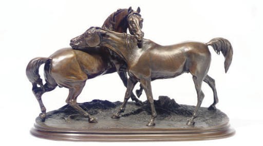 A PATINATED BRONZE FIGURAL GROUP OF HORSES,