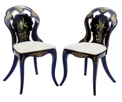 A PAIR OF VICTORIAN PAPIER MACHE, MOTHER-OF-PEARL AND CANED SIDE CHAIRS,