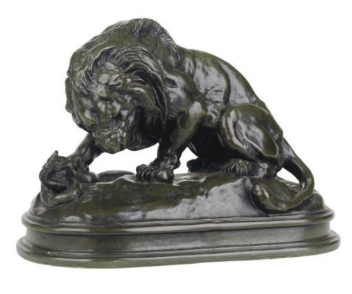 A FRENCH PATINATED BRONZE FIGURAL GROUP 'LION CRUSHING A SNAKE',