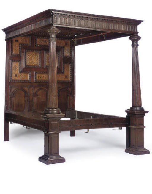 AN ENGLISH INLAID OAK TESTER BEDSTEAD,