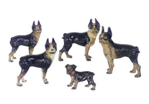 A GROUP OF FIVE PAINTED CAST IRON FIGURAL DOORSTOPS,